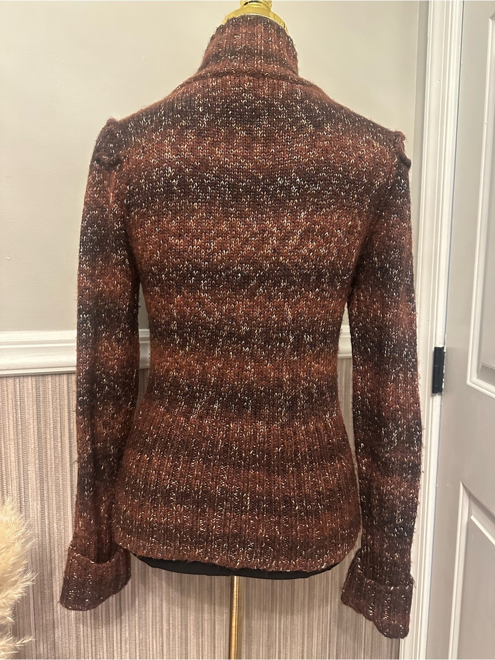 Adrienne Vittadini Studio M Brown Metallic Wool Blend Zip Cardigan Sweater - Picture 10 of 12